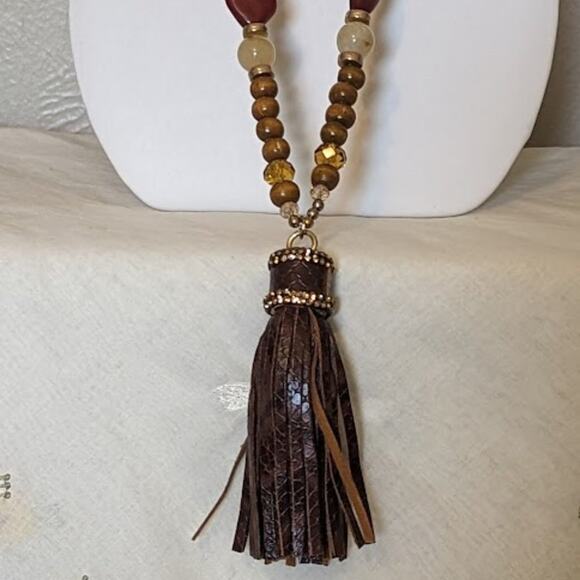 1948 Long Leather Tassel Necklace with Leather, Crystal, and Wood Beads. - Picture 2 of 11